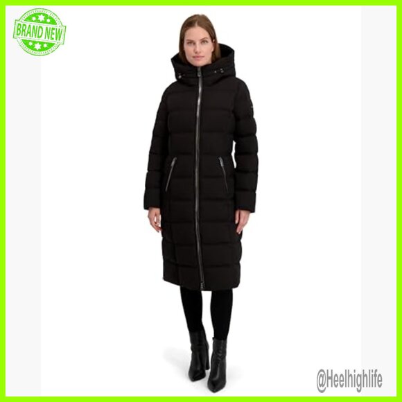 Long Stretch Maxi Puffer Jacket with Hood, PU Trim, Side Zippers - Picture 3 of 5